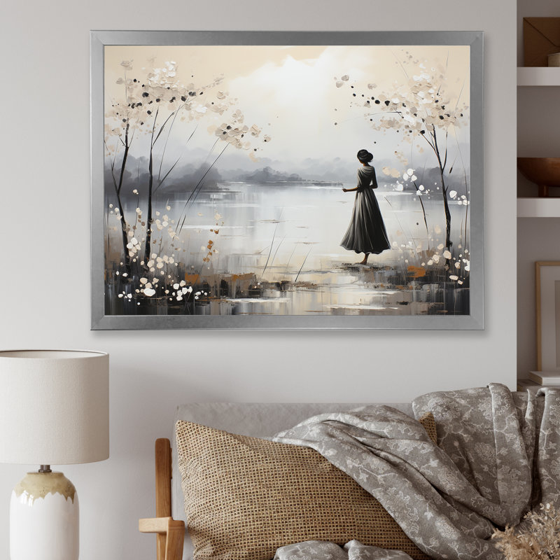 «Solitude Woman Calming Reflection Landscape - Ballet», art mural, Cadre de coin argenté fermé, H 24 po x l 32 po x P 1 po