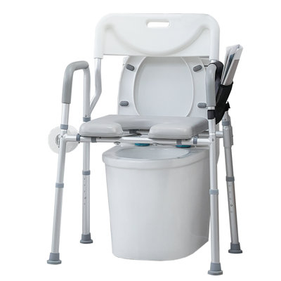 4-in-1 Raised Toilet Seat with Armrests and Backrest, Bedside Commode Chair, Adjustable Toilet Safety Frame, Shower Chair with Padded Seat, Grey