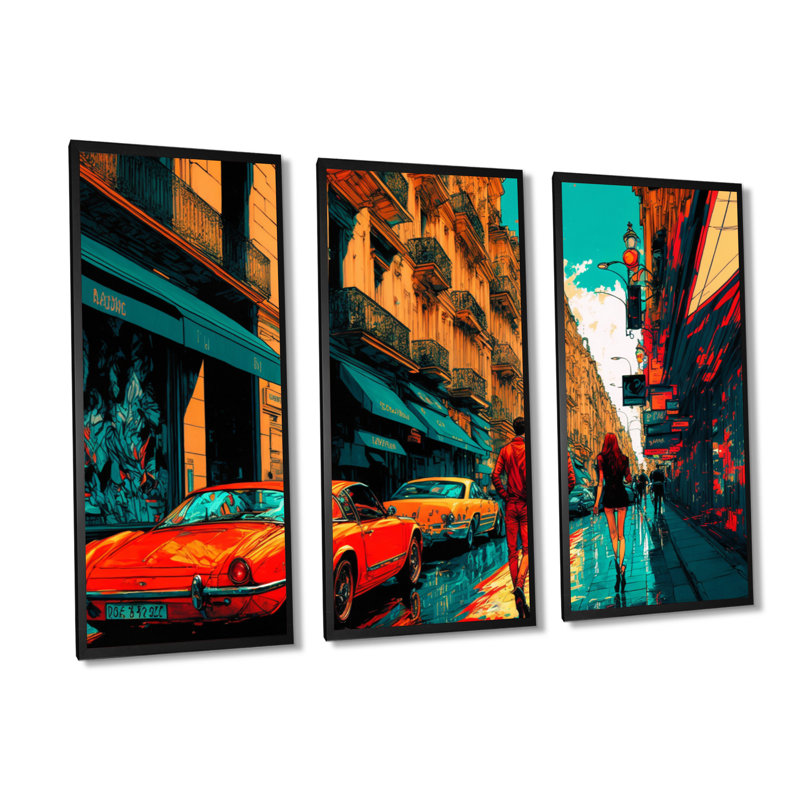 «Paris City Life In Retro Colors I», reproduction sur toile 3 pièces, H 28 po x l 36 po x P 1 po, Toile à cadre flottant noir