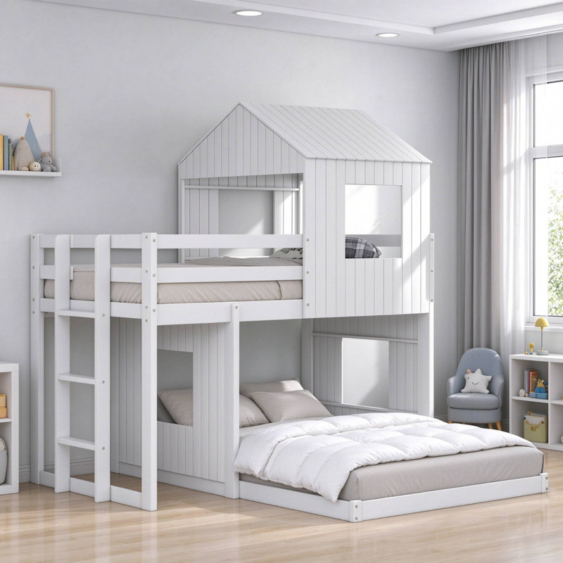Topanga Twin Over Full House Bunk Bed Frame with Playhouse Roof, Windows and Reversible Ladder, White