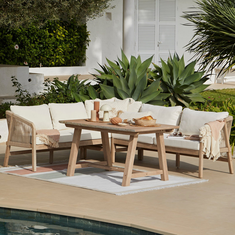 Wooden Garden Corner Dining Sofa Set with 2 Sand Cushioned Chairs, 4 Pcs: Table, Sofa, 2 Chairs