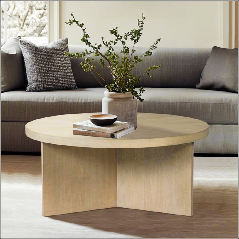 Élégante table basse ronde avec plateau en placage d'étoile, pour les salons modernes, Naturel