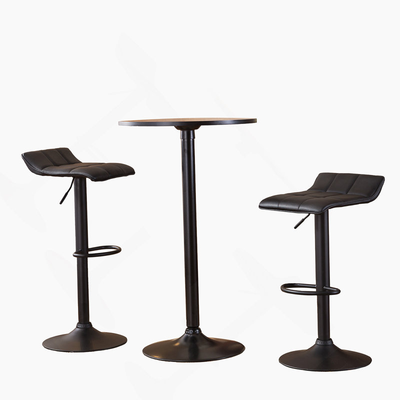 Table de bar ronde avec pieds et base en métal, jumelée à des tabourets de bar réglables en cuir reconstitué pour un ensemble de bar complet