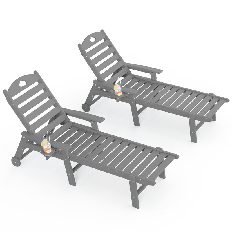 Outdoor Lounge Chair with Cup Holder, Outdoor Chaise Lounge with 6-Position Adjustable Backrest, HDPE Lounge Chair for Poolside, Patio, Deck & Backyard, Chaise Lounge with Wheels