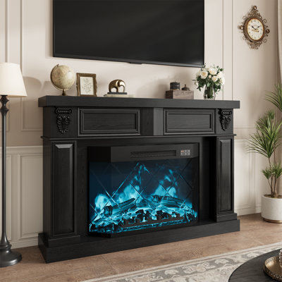 Meuble télé de style ferme avec foyer électrique en forme de losange de 142 cm (56 po), console multimédia avec manteau sculpté romain et 2 tiroirs de rangement, compatible avec les téléviseurs jusqu'à 165 cm (65 po).