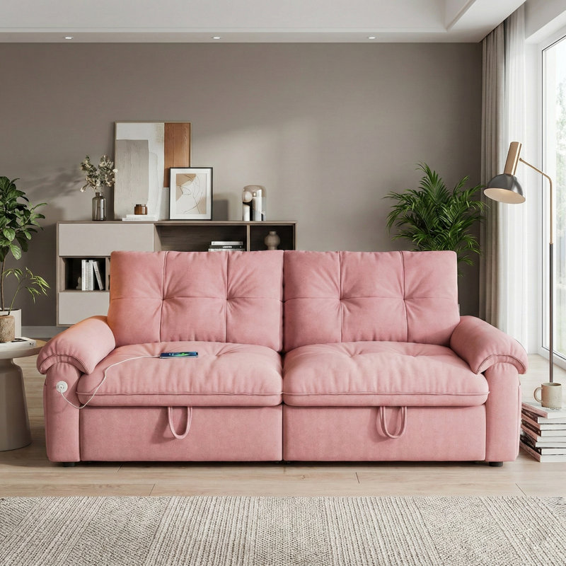 77'' Wide Convertible Sofa with Adjustable Back, Pink