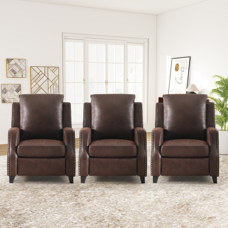 31.1''Wide Classic And Comfortable Faux Leather Push Back Recliner With Nailhead Trim (Set Of 3), Reddish Brown