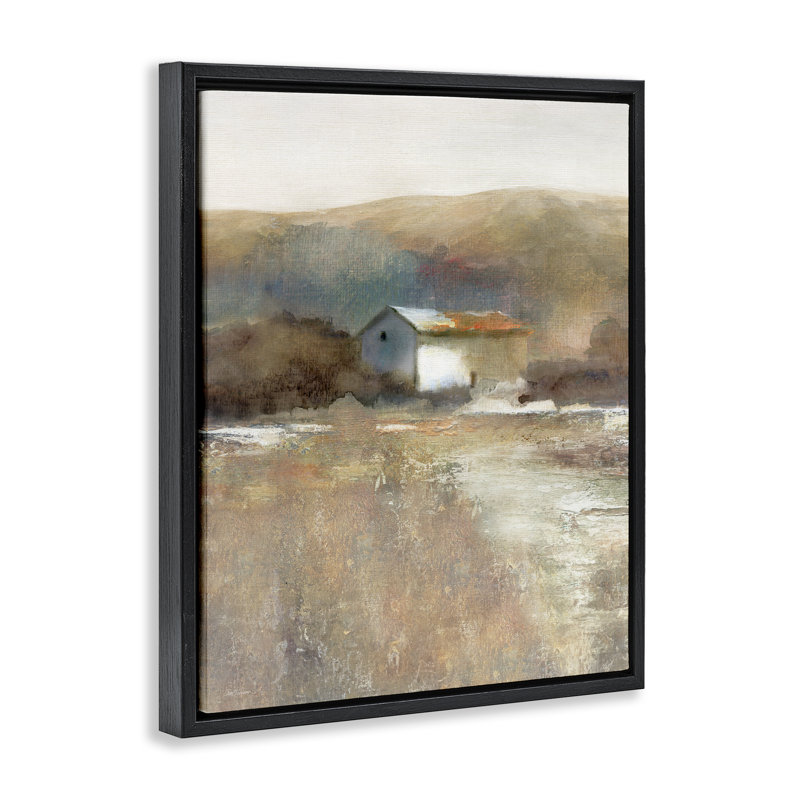 Distant Cabin with Rustic Scenery, Jet Black Floater Frame, 21" H x 17" W