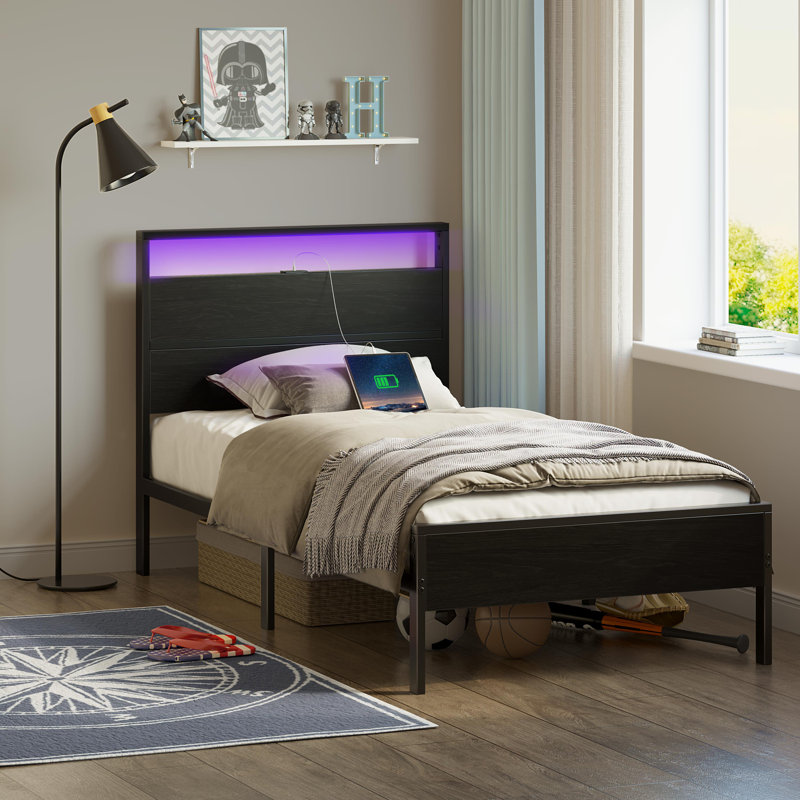 Deviana Metal Bed Frame with Headboard & Footboard and Charging Station, LED Light Included, Twin