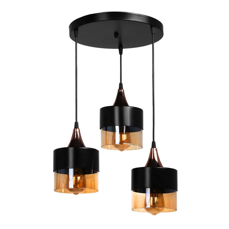 Industrial Scandinavian Chandelier, Black Metal Body, Adjustable Height 9.8 - 27.6 in | Copper Coated Glass Cap, Diameter 11.8 in | E27 Socket, Max 40W, Electrostatic Oven Dried Paint | Perfect for Modern Home Decor