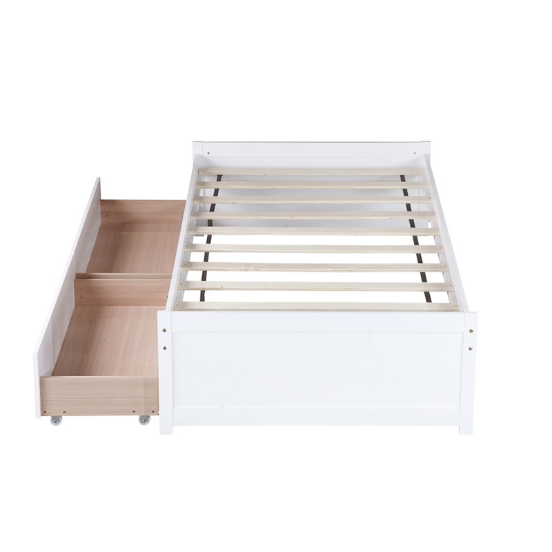 Lit simple avec 2 tiroirs, lit en bois d'hévéa massif, Blanc