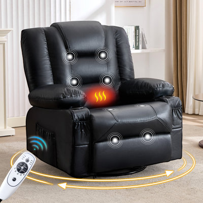 Rocker Recliner Chair with Massage and Heat for Adults, 360°Swivel oversize recliner chair with Cup Holders, USB Charge Port, Side Pockets for Living Room,Nursery,Bedroom, Black