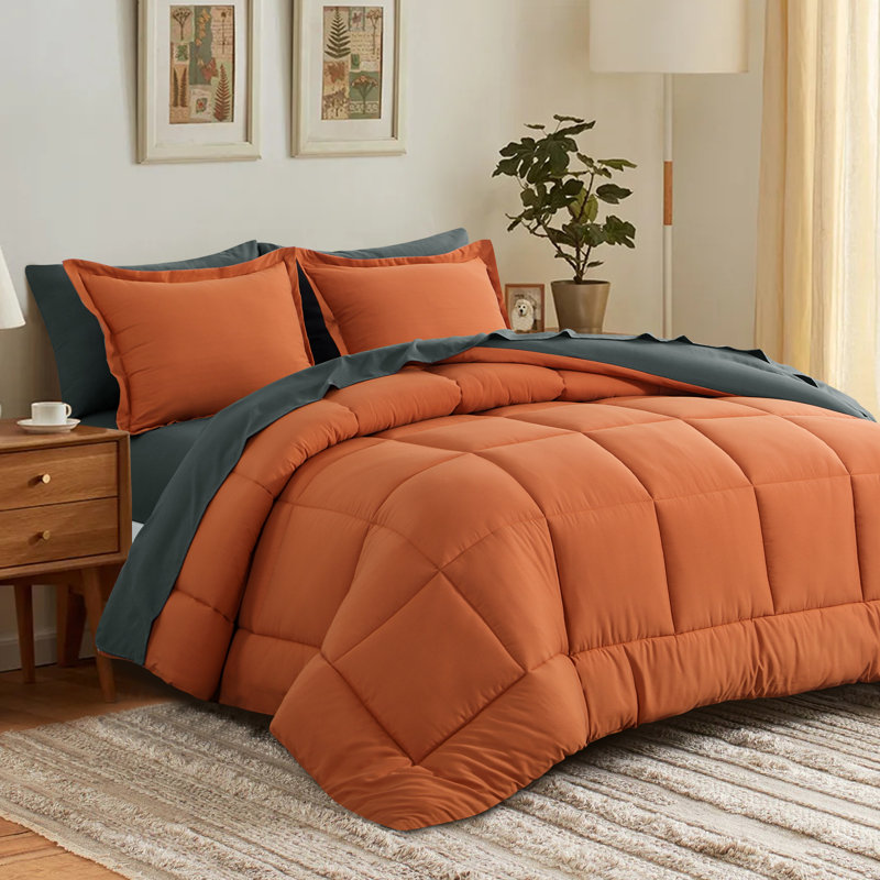 Ensemble d'édredon en microfibre 5/7-pièces , Édredon pour grand lit simple + 4 pièces supplé, Orange / gris foncé