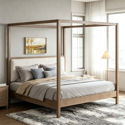 Wooden Canopy Platform Bed with Upholstered Headboard
