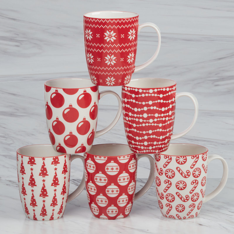 Set of 6 Red and White Ceramic Christmas Mugs