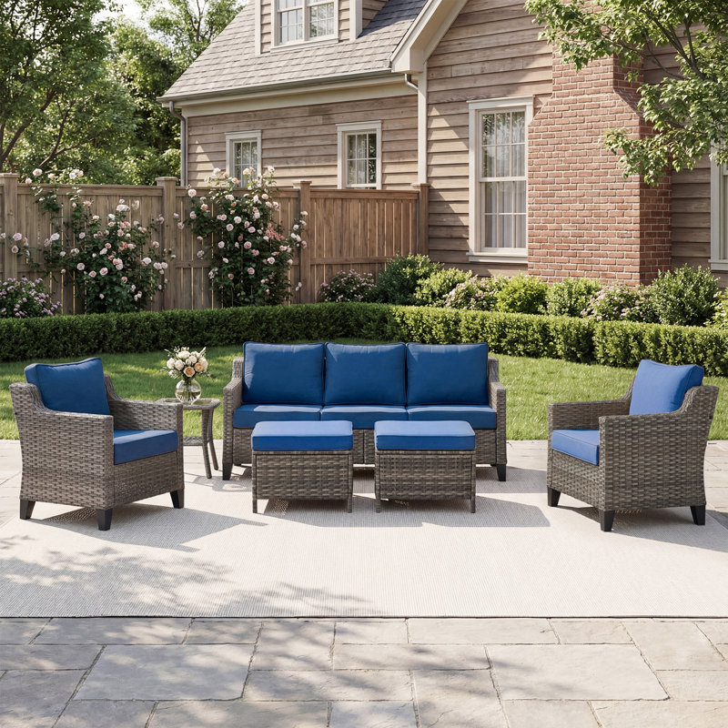 Arlene 6-Piece Outdoor Wicker Conversation Set With Sofa, Lounge Chairs, Ottomans & Side Table, Blue