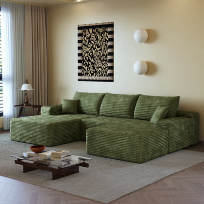 107"Cloud Sectional Sofa With 1 Ottoman,Modern Minimalist Upholstered Couches,Comfort U Shaped Sofa For Living Room,Deep Seat Corner Couch,No Assembly Required (Plush Corduroy Fabric),Green