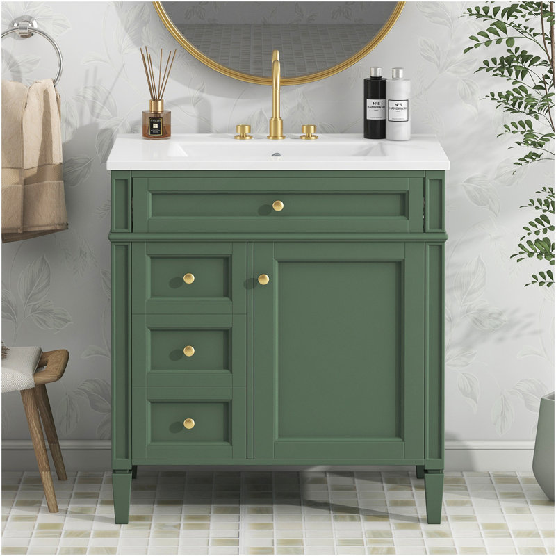 Meuble-lavabo de salle de bain avec lavabo simple, armoire de rangement de salle de bain avec 2 tiroirs et un tiroir basculant
