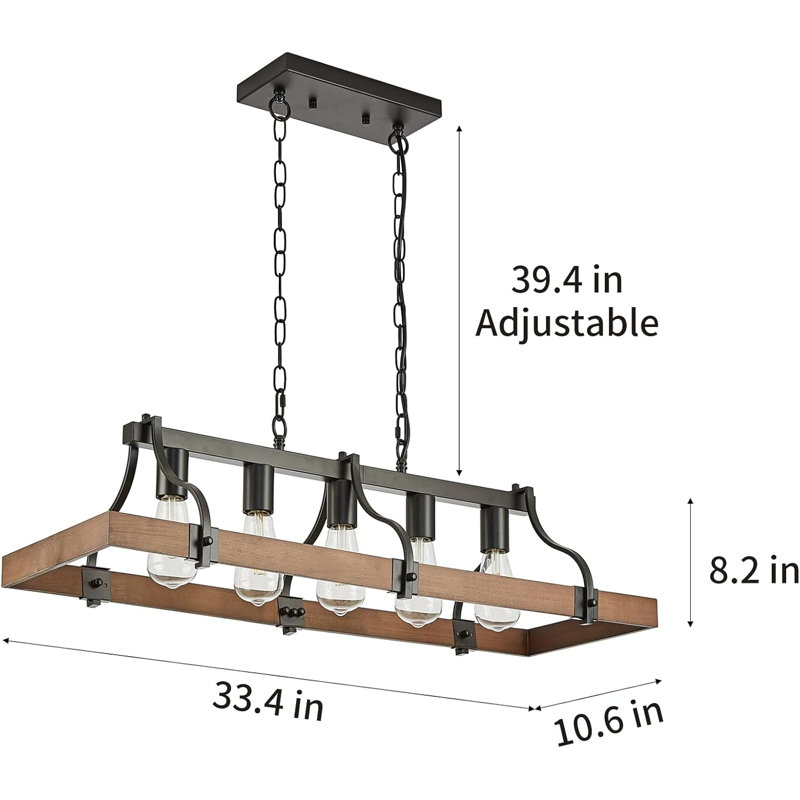 Rustic Farmhouse Chandelier With Wood And Metal Design, 5-Light Linear Ceiling Fixture For Dining Room And Kitchen Island
