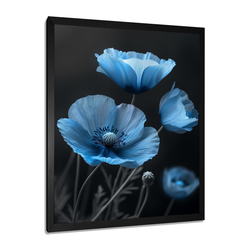 Bleu et noir Natures Nuance Poppies II - coquelicots, art mural, Toile encadrée noire simple, H 32 po x l 16 po x P 1 po