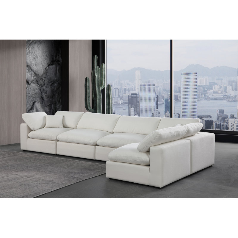 Canapé modulaire 5 pièces rembourré, Tissu crème texturé en lin