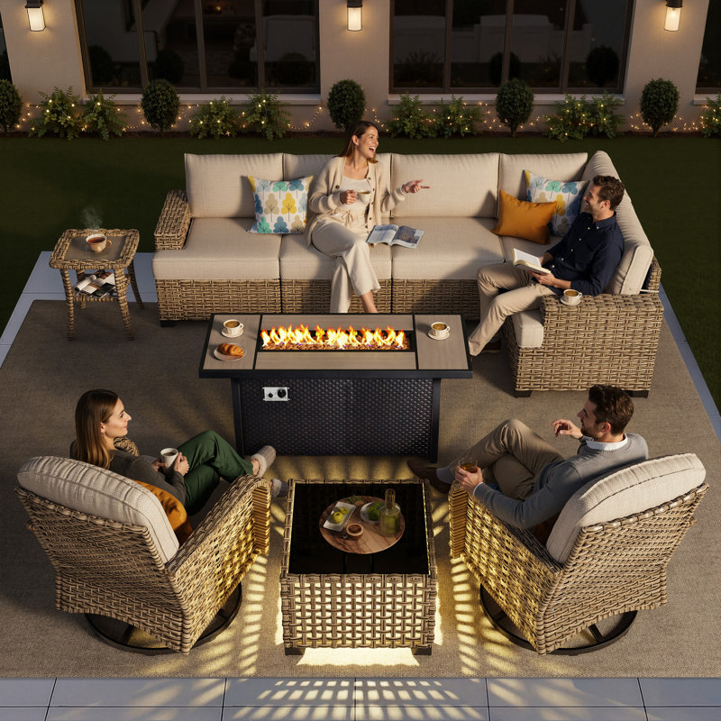 
Burcin 7-Seat Outdoor Wicker Patio Conversation Set with 2 Swivel Chairs and 50,000 BTU Expandable Fire Pit Table, Beige