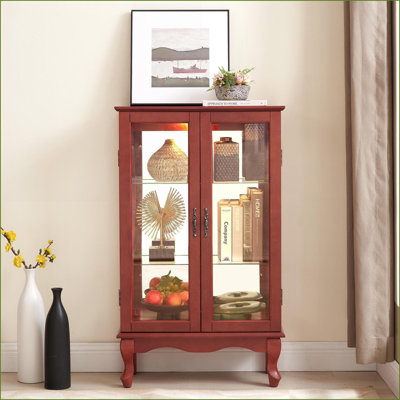 Curio Cabinet, American Retro Lighted Display with Tempered Glass Doors | Mirrored Back, Adjustable Shelves | Oak by Latitude Run