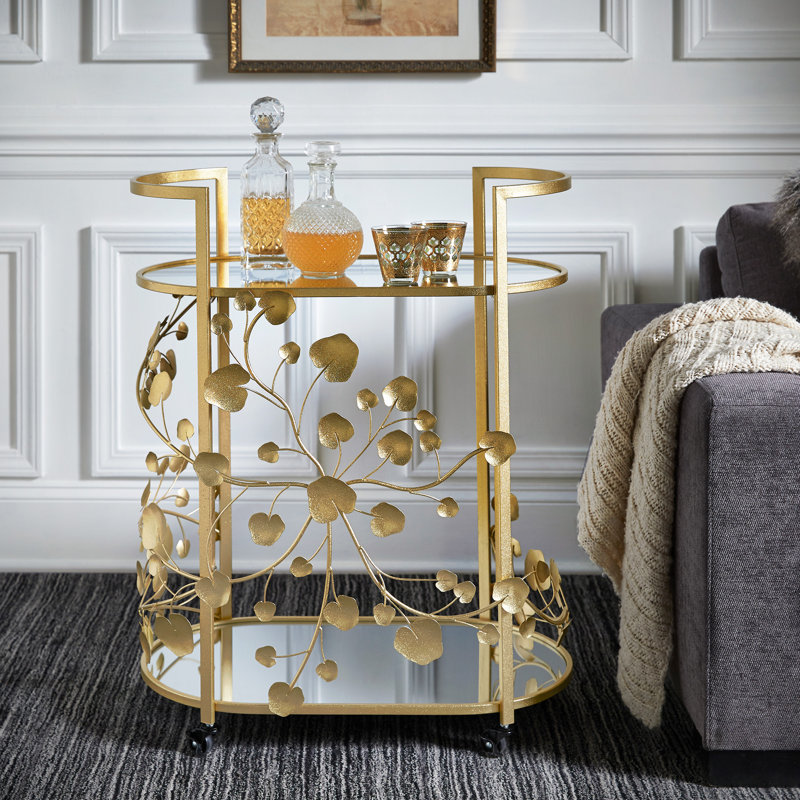 Larkynn Gold Finish Foliage Bar Cart With Mirror Top And Bottom