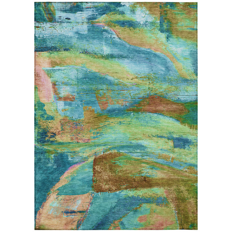 Machine Washable Indoor/Outdoor Xhevrie Teal Rug, Rectangle 2'6" x 3'10"