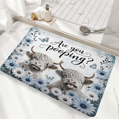 Highland Cow Bath Mat, are You Pooping Funny Blue Rustic Wooden Flannel Soft Non Slip Floor Rugs for Living Room Doormat, Farmhouse Country Daisy Floral Outdoor Rug, 20 x 32 in