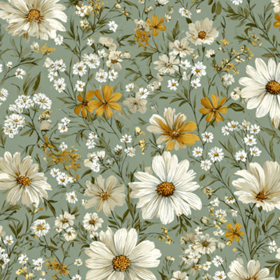 Peel and Stick Wallpaper Daisy Flower green floral leaf White Golden Blooms SoftVintage Contact Paper Removable Self Adhesive Wall Mural Wall Decor for Bedroom Kitchen Cabinets 24in x 118in