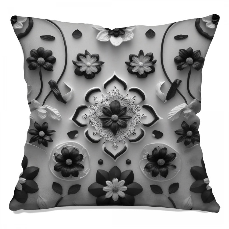 Coussins décoratifs noirs et blancs à motif floral, 14 X 14 pouces