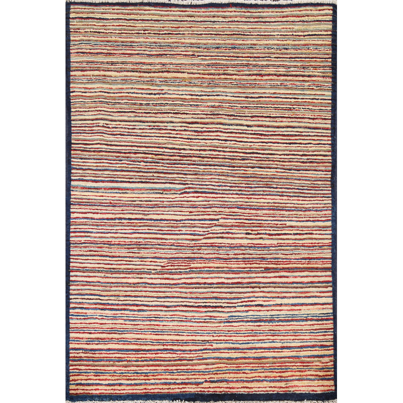 Tapis oriental en laine à rayures Inkbe Gabbeh Kashkoli noué à la main 3 x 4