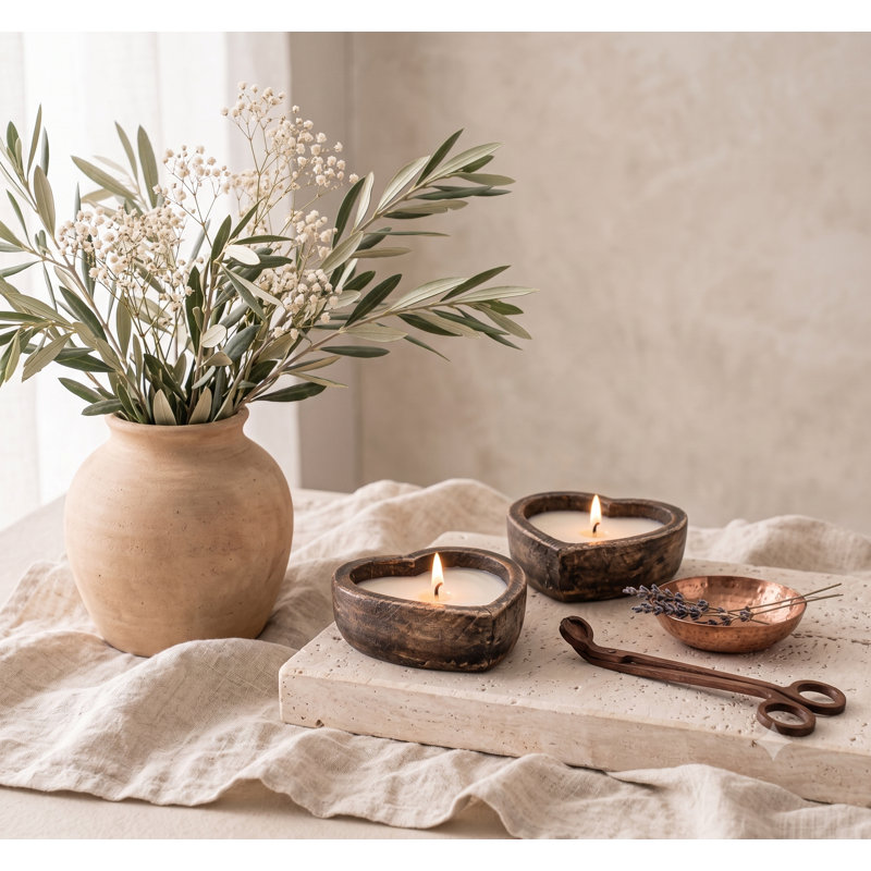 Bougie bol en bois en forme de cœur, cire de soja 3 mèches - cadeau bois de santal vanille