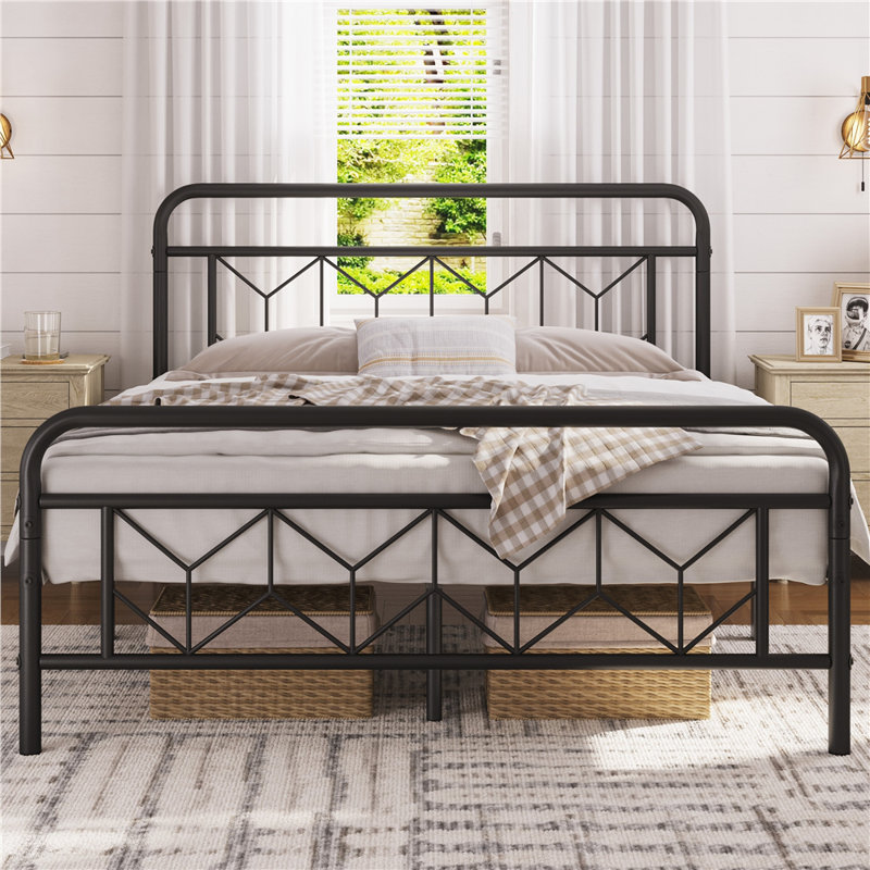 Aylena Vintage Metal Bed Frame with Diamond Pattern Headboard, Full/Double, Black