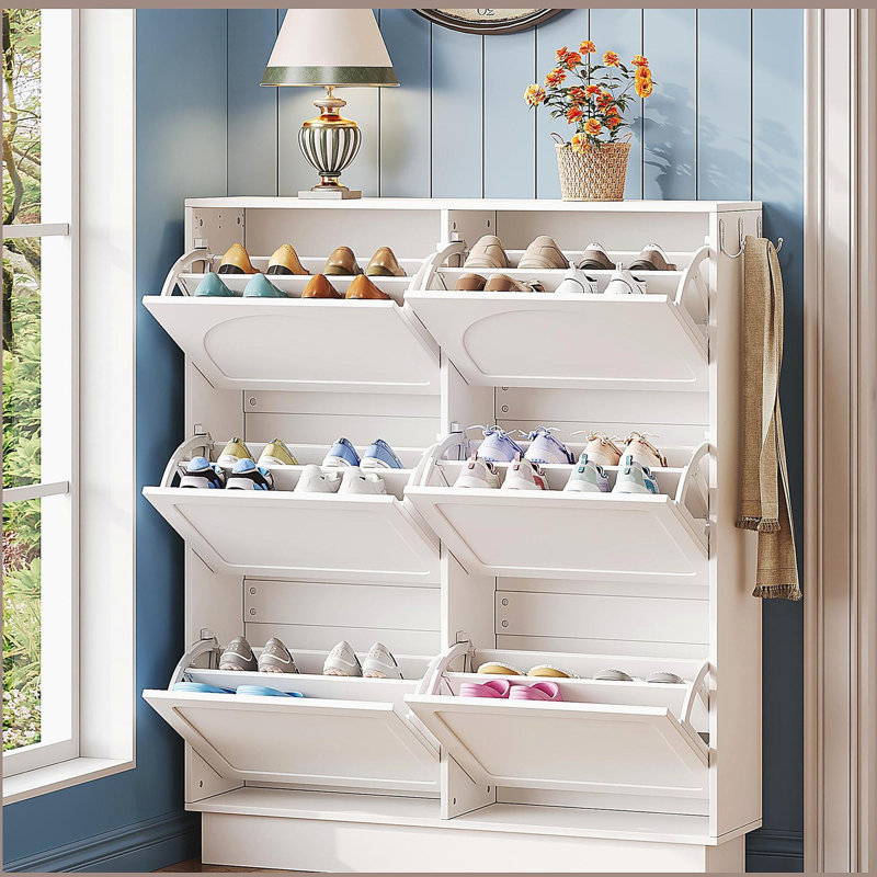 Armoire à chaussures étroite avec 6 tiroirs rabattables, organisateur de vestibule avec tablette réglable, étagère à chaussures autoportante avec 3 crochets argentés