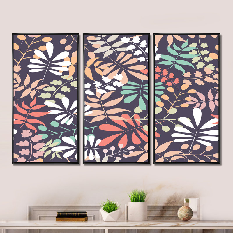 " Retro Botanical Pattern II " 3 - Pieces, Black Framed, 28" H x 36" W x 1" D