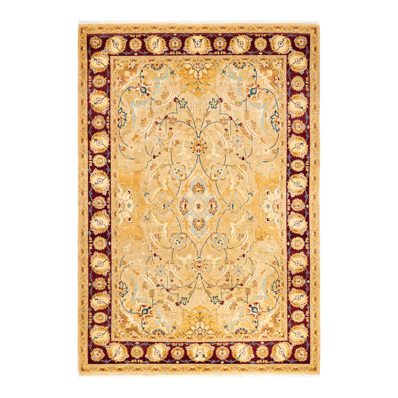 Tapis unique noué à la main jaune de 6 pi 2 po x 9 pi Nelia