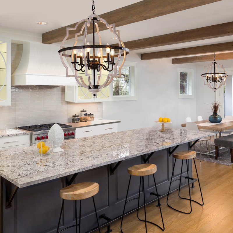 Mcgaughey 6 - Light Farmhouse Geometric Orb Chandelier for Dining Room,Kitchen Island,OAK White Color