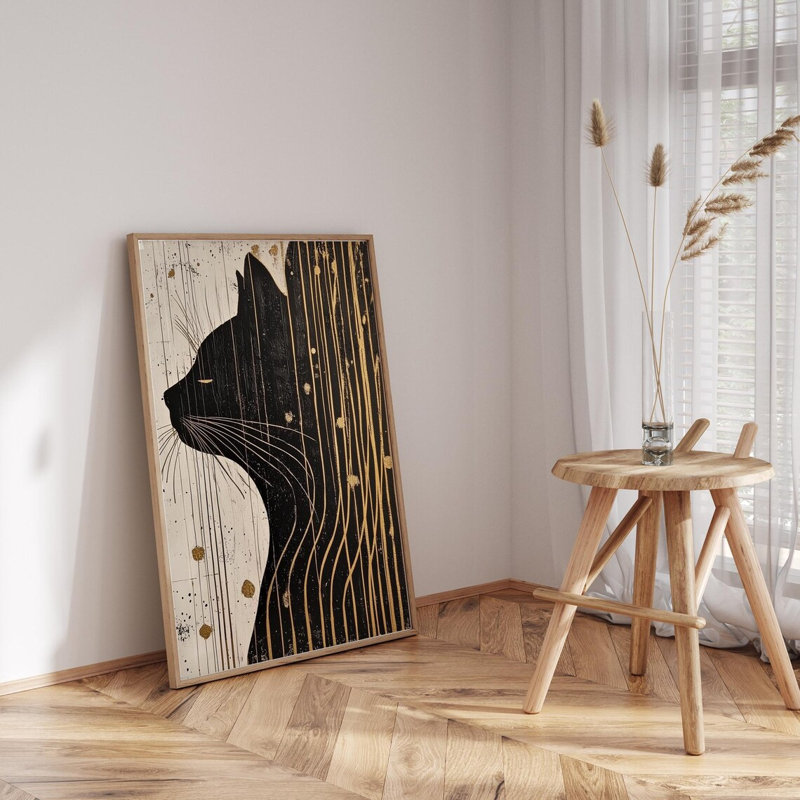 Black And Gold Cat Wrapped Canvas Wall Art, 40 cm H x 60 cm W
