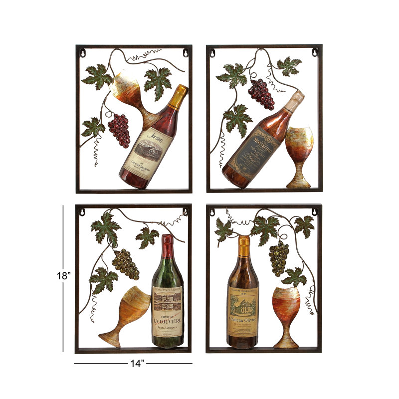 Metal Wine Multi Colored Wall Decor with Grapes Detailing Set