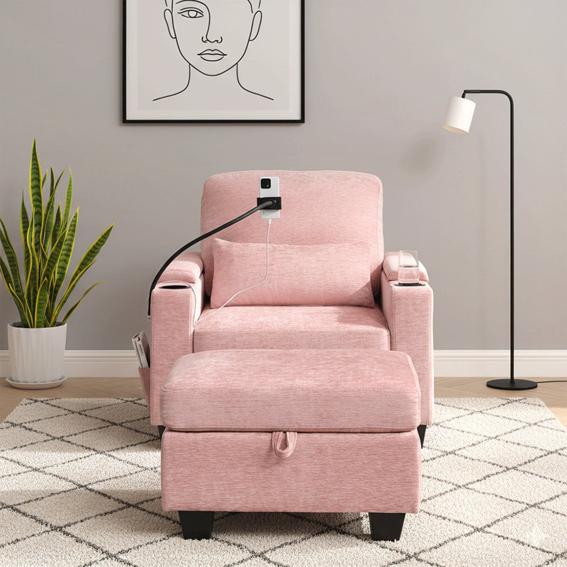 Single sofa recliner with manually adjustable backrest, USB charging port on the armrest side, and a matching storage ottoman