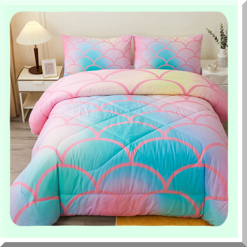 Mermaid Scales Comforter Set - Fish Scale Pattern Bedding with 2 Pillow Shams, Decorative Fantastic Fish Design, Seamless Pattern Comforter Set