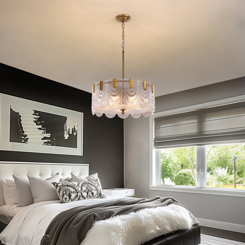 Jorgea 20'' Modern Gold Glass Drum Chandelier, 5-Light Luxury Dimmable Dining Room Ceiling Light