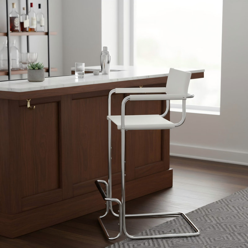 Saddle Leather Bar & Counter Stool, Faux Leather Dining Chair, Stainless Steel Frame Arm Chair, Accent Chair, White