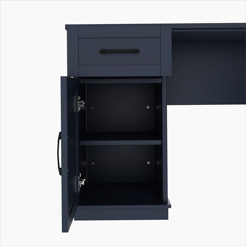 L-Shaped Desk With Drawers, Cabinets & 11 Shelves, Power Outlet For Home Office & Study, Antique Blue, Blue