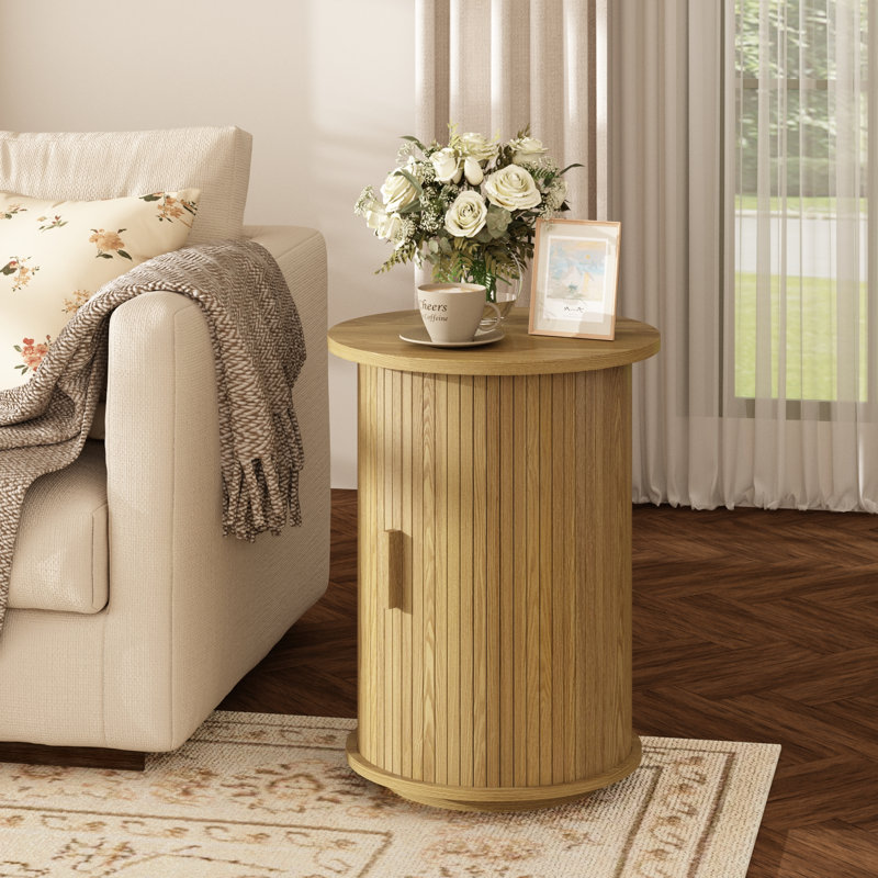 Adalia 17.7" Fluted Round End Table With Tambour Sliding Door, Nature Color