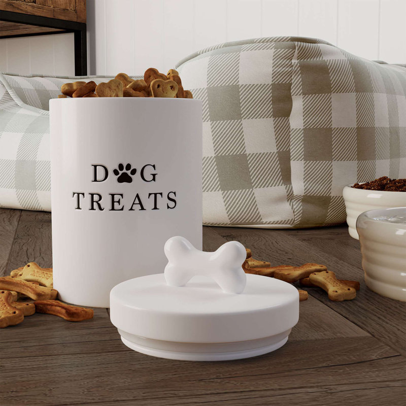 White Ceramic Airtight Dog Treat Jar with Bone Handle