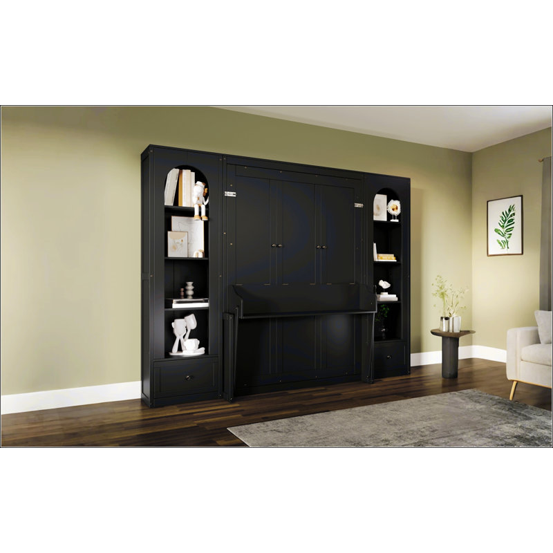 Grand lit plateforme escamotable avec tablette, armoires latérales, tiroirs et éclairage DEL pour un style de vie compact et élégant