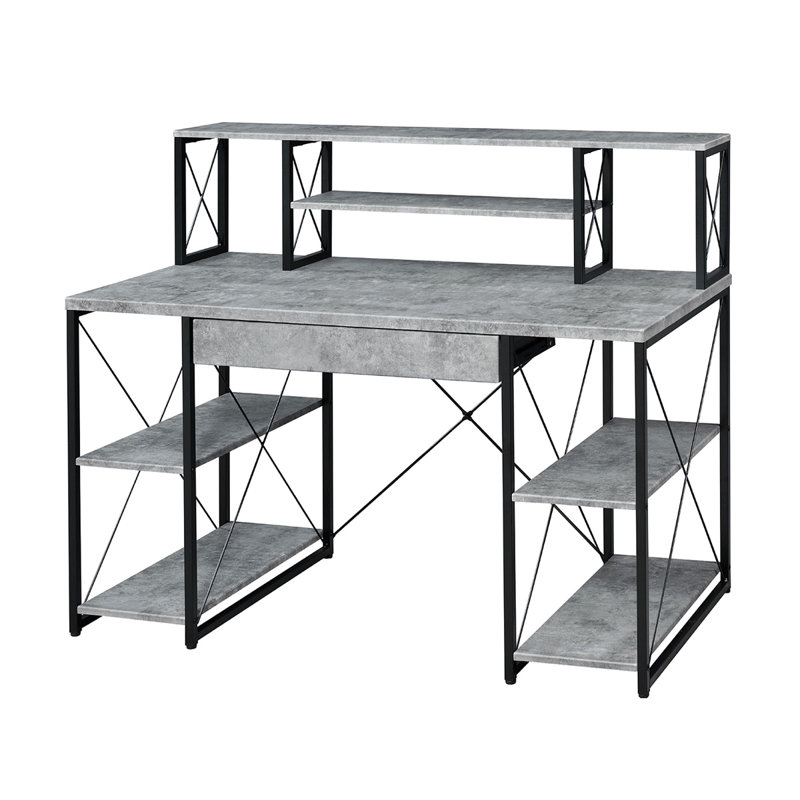 Bureau d'écriture avec un tiroir et 8 compartiments ouverts, Gris
